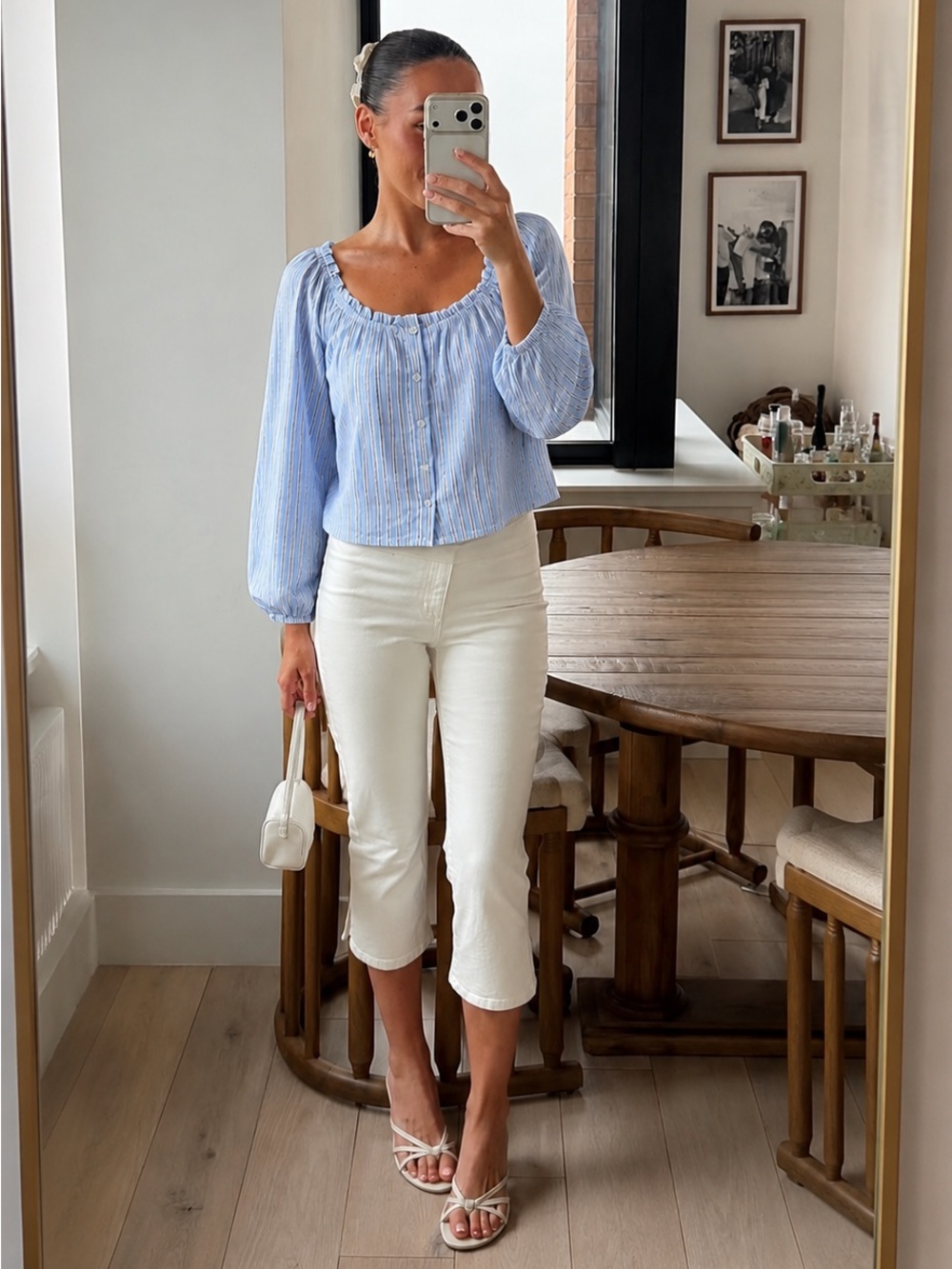 Old Navy NWT Blue Stripe Linen Blend Ruffle Scoop Neck Long Balloon Sleeves